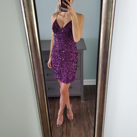 adrianna papell purple sequin dress